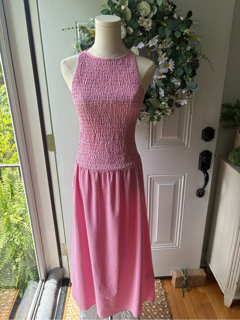 Zara Pink Smocked Seersucker Maxi Dress